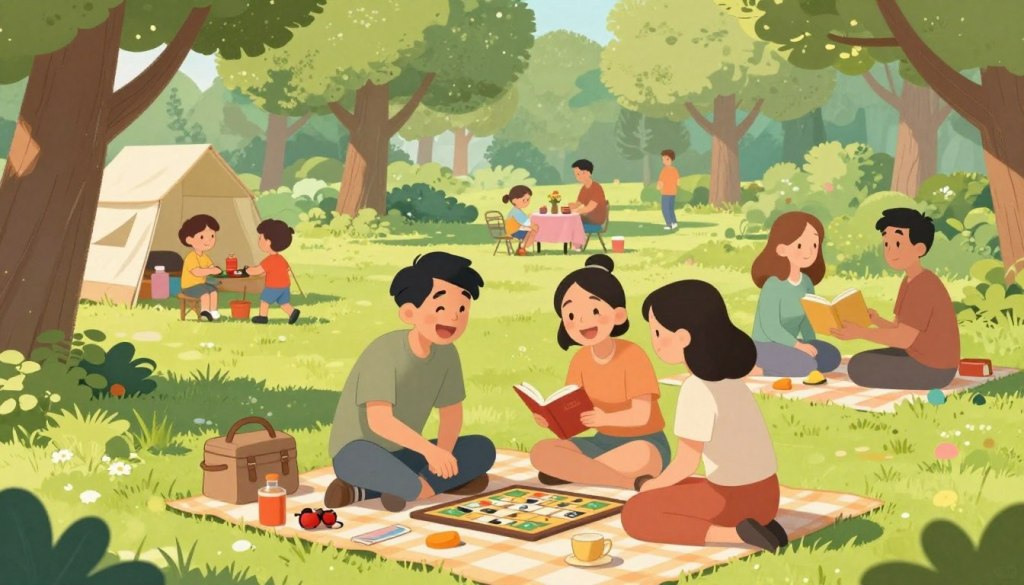 A warm and inviting scene depicting a group of four friends enjoying various social activities at a cozy park on a sunny day. In the foreground, two friends, a man and a woman, are laughing together as they play a board game on a picnic blanket, while another woman and man share a book and exchange ideas nearby. The middle ground features trees with lush green leaves, and a few colorful picnic setups, enhancing the atmosphere of leisure and camaraderie. In the background, children are playing, and people are strolling, adding to the sense of community. The lighting is soft and natural, casting gentle shadows, with a bright and cheerful mood, emphasizing the importance of social interaction in maintaining mental sharpness. A warm and inviting scene depicting a group of four friends enjoying various social activities at a cozy park on a sunny day. In the foreground, two friends, a man and a woman, are laughing together as they play a board game on a picnic blanket, while another woman and man share a book and exchange ideas nearby. The middle ground features trees with lush green leaves, and a few colorful picnic setups, enhancing the atmosphere of leisure and camaraderie. In the background, children are playing, and people are strolling, adding to the sense of community. The lighting is soft and natural, casting gentle shadows, with a bright and cheerful mood, emphasizing the importance of social interaction in maintaining mental sharpness.