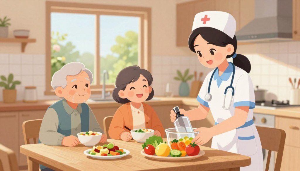 A warm and inviting scene depicting a healthcare professional assisting older adults in a cozy, well-lit kitchen. In the foreground, a friendly nurse, dressed in professional scrubs, is demonstrating how to prepare a hydrating meal, focusing on fresh fruits and vegetables. The middle ground features an elderly couple, attentively listening and smiling, sitting at a wooden table with healthy bowls in front of them. In the background, a bright window shows a garden view, contributing to a cheerful atmosphere. Soft, natural light filters in, enhancing a sense of care and comfort. The overall mood conveys supportive treatment and empowerment for seniors, emphasizing the importance of hydration and nutrition in their daily lives. A warm and inviting scene depicting a healthcare professional assisting older adults in a cozy, well-lit kitchen. In the foreground, a friendly nurse, dressed in professional scrubs, is demonstrating how to prepare a hydrating meal, focusing on fresh fruits and vegetables. The middle ground features an elderly couple, attentively listening and smiling, sitting at a wooden table with healthy bowls in front of them. In the background, a bright window shows a garden view, contributing to a cheerful atmosphere. Soft, natural light filters in, enhancing a sense of care and comfort. The overall mood conveys supportive treatment and empowerment for seniors, emphasizing the importance of hydration and nutrition in their daily lives.