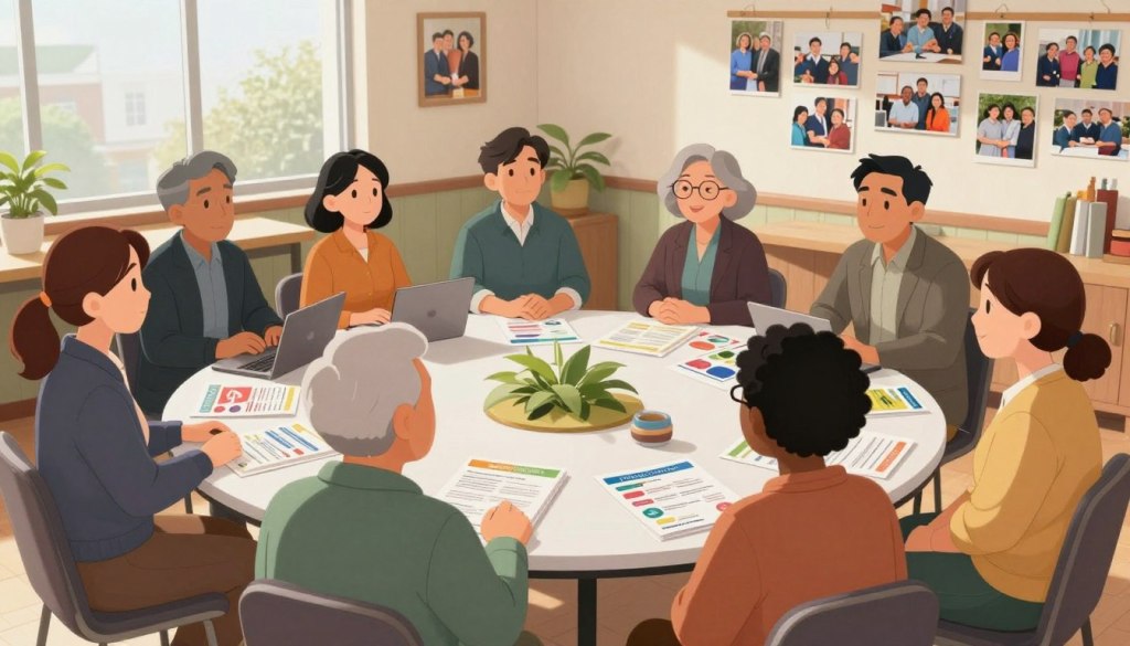 A warm and inviting scene depicting a local family network meeting in a community center. In the foreground, a diverse group of adults, dressed in professional business attire and modest casual clothing, engage in conversation while sharing resources. A mix of faces showing understanding and warmth conveys the supportive atmosphere. In the middle, a large table is filled with brochures, pamphlets, and laptops, representing community resources available to long-distance caregivers. The background features a well-lit room adorned with photos of community activities, creating a friendly environment. Soft, natural light streams in through large windows, enhancing the feeling of openness and collaboration. Capture this moment from a slightly elevated angle to emphasize the gathered community around the table, creating a sense of connection and support.