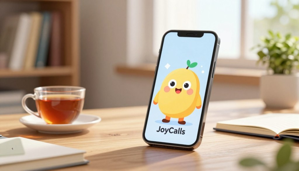 A warm and inviting scene featuring a modern smartphone on a cozy wooden table, the screen displaying a friendly, cartoon-style AI character symbolizing the JoyCalls phone companion. The foreground shows the phone surrounded by a cup of tea and an open notebook, hinting at daily interactions. In the middle, soft natural lighting filters through a nearby window, casting gentle shadows. The background includes a blurred bookshelf filled with books and a small potted plant, creating a peaceful atmosphere conducive to cognitive health. The overall mood is uplifting and encouraging, evoking a sense of connection and daily companionship, perfect for a relaxing moment. A warm and inviting scene featuring a modern smartphone on a cozy wooden table, the screen displaying a friendly, cartoon-style AI character symbolizing the JoyCalls phone companion. The foreground shows the phone surrounded by a cup of tea and an open notebook, hinting at daily interactions. In the middle, soft natural lighting filters through a nearby window, casting gentle shadows. The background includes a blurred bookshelf filled with books and a small potted plant, creating a peaceful atmosphere conducive to cognitive health. The overall mood is uplifting and encouraging, evoking a sense of connection and daily companionship, perfect for a relaxing moment.