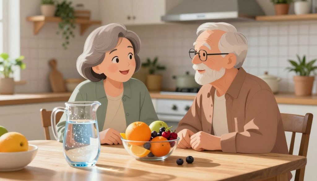 A warm and inviting scene featuring an older adult couple sitting at a kitchen table, surrounded by fresh fruits and a pitcher of water. In the foreground, a glass filled with water glimmers under natural sunlight, highlighting its importance for hydration. The couple, dressed in modest casual clothing, engages in a conversation, with expressions reflecting warmth and health. In the middle, a small bowl of colorful fruits like oranges and berries adds a vibrant touch, symbolizing a balanced diet. The background shows a cozy kitchen with soft lighting and house plants that enhance the tranquil atmosphere. The overall mood is friendly and nurturing, underscoring the significance of hydration for older adults. A warm and inviting scene featuring an older adult couple sitting at a kitchen table, surrounded by fresh fruits and a pitcher of water. In the foreground, a glass filled with water glimmers under natural sunlight, highlighting its importance for hydration. The couple, dressed in modest casual clothing, engages in a conversation, with expressions reflecting warmth and health. In the middle, a small bowl of colorful fruits like oranges and berries adds a vibrant touch, symbolizing a balanced diet. The background shows a cozy kitchen with soft lighting and house plants that enhance the tranquil atmosphere. The overall mood is friendly and nurturing, underscoring the significance of hydration for older adults.