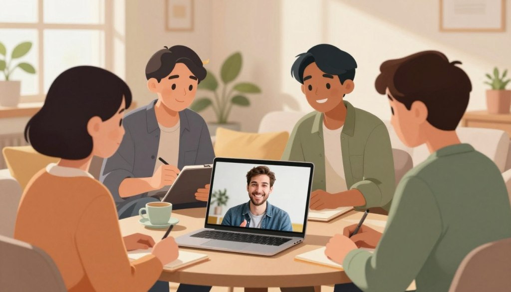 A warm and inviting scene illustrating the concept of emotional support through mood check-ins. In the foreground, a diverse group of three people, dressed in smart casual attire, are engaged in a video call on a laptop. Their expressions are warm and attentive, demonstrating empathy and care. In the middle ground, a cozy living room is decorated with soft pillows and plants, creating a relaxed atmosphere. One person is taking notes, while another smiles at the screen, emphasizing connection. The background features a window with soft, natural light streaming in, enhancing the comforting mood. The overall ambiance is supportive and friendly, evoking feelings of warmth, connection, and emotional availability.
