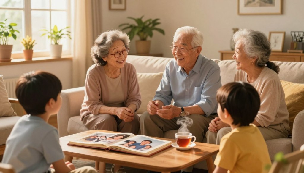 A warm and inviting scene inside a cozy living room where a senior couple is engaged in conversation with their grown children, all smiling and sharing stories. In the foreground, a coffee table is adorned with family photo albums and a steaming cup of tea. The middle layer features the family members, with the senior couple in modest casual clothing, animatedly sharing memories while the children listen intently, showing warmth and appreciation. In the background, soft sunlight filters through a window adorned with plants, casting a golden hue across the room, enhancing a nostalgic and heartwarming atmosphere. Use a soft focus lens to create an intimate, inviting feel, with a shallow depth of field to emphasize the warmth of familial bonds. A warm and inviting scene inside a cozy living room where a senior couple is engaged in conversation with their grown children, all smiling and sharing stories. In the foreground, a coffee table is adorned with family photo albums and a steaming cup of tea. The middle layer features the family members, with the senior couple in modest casual clothing, animatedly sharing memories while the children listen intently, showing warmth and appreciation. In the background, soft sunlight filters through a window adorned with plants, casting a golden hue across the room, enhancing a nostalgic and heartwarming atmosphere. Use a soft focus lens to create an intimate, inviting feel, with a shallow depth of field to emphasize the warmth of familial bonds.