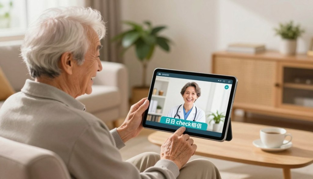 A warm and inviting scene of a senior citizen sitting comfortably in a cozy living room, engaged in a joyful video call on a tablet. The foreground features the smiling face of the senior, dressed in modest casual clothing. In the middle, the tablet displays a friendly, professional caregiver, embodying the role of a โdaily check companion,โ ensuring the senior feels connected and safe. The background includes soft lighting, a comfy armchair, and houseplants, creating a homely atmosphere. The lighting is natural and warm, suggesting a sunny afternoon. The overall mood is one of comfort, safety, and companionship, emphasizing the importance of staying connected for seniors at home. A warm and inviting scene of a senior citizen sitting comfortably in a cozy living room, engaged in a joyful video call on a tablet. The foreground features the smiling face of the senior, dressed in modest casual clothing. In the middle, the tablet displays a friendly, professional caregiver, embodying the role of a โdaily check companion,โ ensuring the senior feels connected and safe. The background includes soft lighting, a comfy armchair, and houseplants, creating a homely atmosphere. The lighting is natural and warm, suggesting a sunny afternoon. The overall mood is one of comfort, safety, and companionship, emphasizing the importance of staying connected for seniors at home.