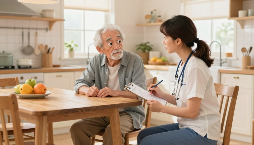 A warm and inviting setting in a cozy kitchen, featuring a caregiver conducting a quick assessment for a senior with dementia. In the foreground, the caregiver, a middle-aged woman in modest casual clothing, is kneeling beside the dining table, holding a clipboard with notes, her expression attentive and compassionate. In the middle ground, the senior, a frail elderly man in comfortable clothing, sits on a chair, looking slightly confused but engaged in the conversation. The background shows a softly lit kitchen with bright natural light streaming in from a window, filled with simple utensils and fresh fruits, conveying a sense of home. The mood is supportive and focused, emphasizing care and understanding in a straightforward, professional manner.