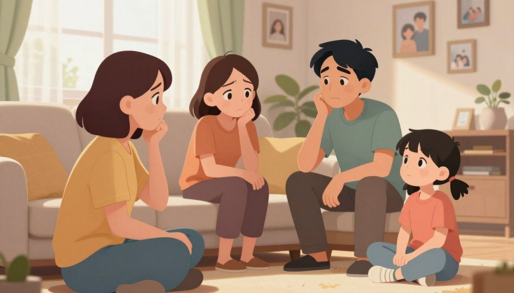 A warm, intimate scene depicting a family sitting together in a cozy living room, with a soft, natural light filtering through sheer curtains. In the foreground, a mother and father are seated on a comfortable sofa, their faces showing a mix of concern and empathy as they engage in a heartfelt conversation. Two children, a boy and a girl, sit nearby on the floor, quietly observing, reflecting the emotional weight of the discussion. The setting is adorned with personal touches like family photos on the walls and a few toys scattered about, creating a sense of home. The mood is contemplative yet hopeful, emphasizing the importance of understanding and communication. Use a subtle depth of field to focus on the family while gently blurring the background, enhancing the emotional connection in the scene. A warm, intimate scene depicting a family sitting together in a cozy living room, with a soft, natural light filtering through sheer curtains. In the foreground, a mother and father are seated on a comfortable sofa, their faces showing a mix of concern and empathy as they engage in a heartfelt conversation. Two children, a boy and a girl, sit nearby on the floor, quietly observing, reflecting the emotional weight of the discussion. The setting is adorned with personal touches like family photos on the walls and a few toys scattered about, creating a sense of home. The mood is contemplative yet hopeful, emphasizing the importance of understanding and communication. Use a subtle depth of field to focus on the family while gently blurring the background, enhancing the emotional connection in the scene.