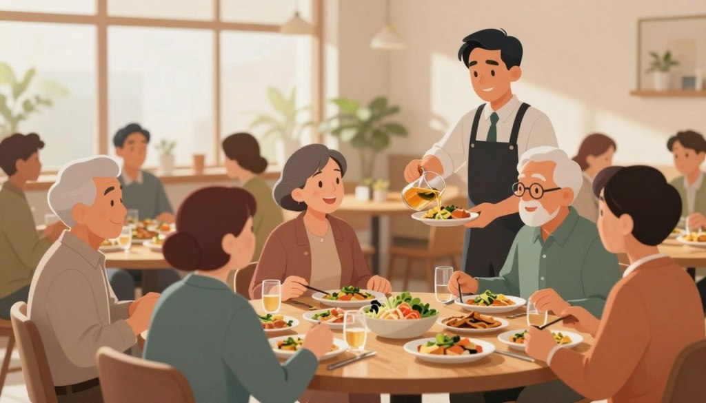 A warm, inviting communal dining area featuring diverse individuals enjoying a meal together. In the foreground, a round wooden table is filled with colorful, healthy dishes. Diverse groups of people in professional business attire and modest casual clothing are interacting, with smiles and laughter that convey a sense of community and comfort. In the middle ground, servers attentively refilling dishes and pouring drinks, emphasizing the social aspect of dining. The background showcases large windows with soft natural light streaming in, enhancing the welcoming atmosphere. The overall mood is friendly and engaging, reflecting a positive communal dining experience, ideal for seniors seeking meal options beyond home delivery. Use a slight soft focus effect for warmth and approachability. A warm, inviting communal dining area featuring diverse individuals enjoying a meal together. In the foreground, a round wooden table is filled with colorful, healthy dishes. Diverse groups of people in professional business attire and modest casual clothing are interacting, with smiles and laughter that convey a sense of community and comfort. In the middle ground, servers attentively refilling dishes and pouring drinks, emphasizing the social aspect of dining. The background showcases large windows with soft natural light streaming in, enhancing the welcoming atmosphere. The overall mood is friendly and engaging, reflecting a positive communal dining experience, ideal for seniors seeking meal options beyond home delivery. Use a slight soft focus effect for warmth and approachability.