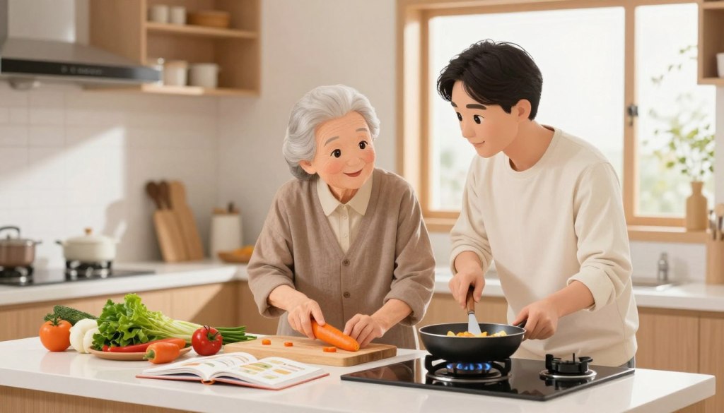 A warm, inviting kitchen scene portraying a caregiver assisting an elderly individual in meal preparation. In the foreground, a middle-aged caregiver in modest casual clothing is demonstrating safe cooking practices, such as properly handling kitchen utensils and checking stove settings. The elderly individual, wearing comfortable clothing, looks engaged and attentive, holding a carrot as if learning to chop it safely. In the middle ground, a well-organized kitchen counter is visible, with fresh vegetables and cookbook open, highlighting a focus on safety. The background features soft, natural lighting filtering through a window, creating a cozy atmosphere. The image evokes a sense of warmth, care, and safety, emphasizing the importance of cooking ability and safety at home. A warm, inviting kitchen scene portraying a caregiver assisting an elderly individual in meal preparation. In the foreground, a middle-aged caregiver in modest casual clothing is demonstrating safe cooking practices, such as properly handling kitchen utensils and checking stove settings. The elderly individual, wearing comfortable clothing, looks engaged and attentive, holding a carrot as if learning to chop it safely. In the middle ground, a well-organized kitchen counter is visible, with fresh vegetables and cookbook open, highlighting a focus on safety. The background features soft, natural lighting filtering through a window, creating a cozy atmosphere. The image evokes a sense of warmth, care, and safety, emphasizing the importance of cooking ability and safety at home.