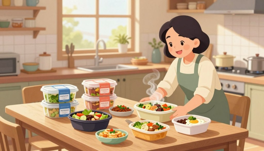 A warm, inviting kitchen setting, featuring a neatly arranged table with an assortment of home delivered meals in colorful, labeled containers. In the foreground, a smiling middle-aged woman is placing a steaming dish on the table, dressed in comfortable, modest clothing. The middle ground includes a variety of meal options, including fresh salads, hearty entrees, and desserts, all garnished to look appetizing. The kitchen is bright with natural light streaming in through a window, highlighting the freshness of the ingredients. Soft shadows create a cozy atmosphere, emphasizing the comfort of home dining. In the background, shelves are stocked with kitchen essentials, adding to the homely feel without distraction. The overall mood is friendly and welcoming, reflecting warmth and care in meal delivery. A warm, inviting kitchen setting, featuring a neatly arranged table with an assortment of home delivered meals in colorful, labeled containers. In the foreground, a smiling middle-aged woman is placing a steaming dish on the table, dressed in comfortable, modest clothing. The middle ground includes a variety of meal options, including fresh salads, hearty entrees, and desserts, all garnished to look appetizing. The kitchen is bright with natural light streaming in through a window, highlighting the freshness of the ingredients. Soft shadows create a cozy atmosphere, emphasizing the comfort of home dining. In the background, shelves are stocked with kitchen essentials, adding to the homely feel without distraction. The overall mood is friendly and welcoming, reflecting warmth and care in meal delivery.