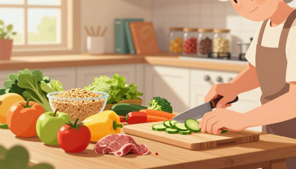 A warm, inviting kitchen setting with a focus on meal preparation for seniors, featuring a wooden table filled with fresh, colorful fruits and vegetables. In the foreground, a pair of hands of an older adult, with neatly trimmed nails, skillfully chopping vegetables on a cutting board. The middle ground shows an assortment of healthy foods: whole grains, lean proteins, and vibrant greens, suggesting a balanced diet. In the background, softly lit shelves display cookbooks and organized jars of spices, enhancing a cozy atmosphere. Soft, natural light filters through a window, creating a cheerful, supportive mood. The scene is set at a slightly elevated angle to provide a clear view of the vibrant ingredients, aiming to convey a sense of warmth, health, and practicality in meal prep.