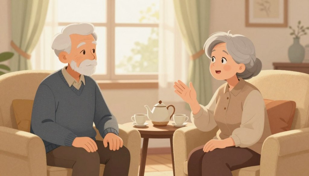 A warm, inviting scene depicting a cozy living room environment where two older adults are seated in comfortable armchairs, engaged in a deep and meaningful conversation. In the foreground, one elder man, dressed in a smart, casual sweater, listens attentively to an elder woman in a modest blouse, who gestures expressively while sharing her thoughts. The middle ground includes a small table with a teapot and two cups, symbolizing an atmosphere of openness and companionship. In the background, soft natural light filters through a window draped with light curtains, creating a serene ambiance. The overall mood is one of warmth, connection, and thoughtful reflection, emphasizing the importance of genuine dialogue and shared wisdom. A warm, inviting scene depicting a cozy living room environment where two older adults are seated in comfortable armchairs, engaged in a deep and meaningful conversation. In the foreground, one elder man, dressed in a smart, casual sweater, listens attentively to an elder woman in a modest blouse, who gestures expressively while sharing her thoughts. The middle ground includes a small table with a teapot and two cups, symbolizing an atmosphere of openness and companionship. In the background, soft natural light filters through a window draped with light curtains, creating a serene ambiance. The overall mood is one of warmth, connection, and thoughtful reflection, emphasizing the importance of genuine dialogue and shared wisdom.