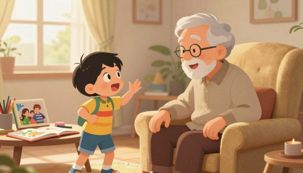 A warm, inviting scene depicting a cozy living room where a grandparent and grandchild engage in a lively conversation, surrounded by imagination-inspiring elements. In the foreground, the grandparent, wearing comfortable, modest clothing, sits in a plush armchair, smiling and leaning forward as they listen intently to the grandchild. The child, in colorful casual attire, animatedly gestures with excitement. In the middle ground, a table filled with art supplies, storybooks, and a family photo album hints at imaginative activities. The background features soft, natural light streaming in through window curtains, creating a warm and inviting atmosphere. The overall mood is cheerful, fostering intimacy and connection, emphasizing the joy of shared imagination and communication.