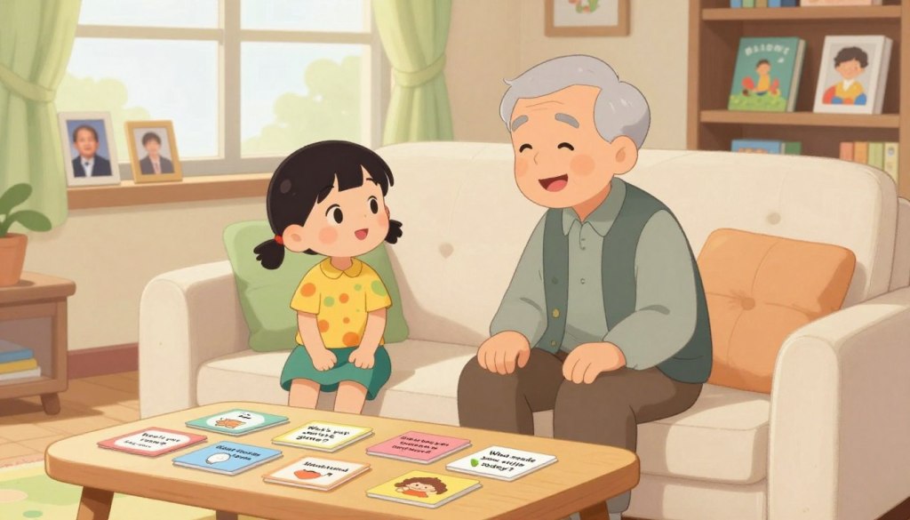 A warm, inviting scene depicting a grandparent and a grandchild comfortably seated in a cozy living room. The foreground shows a small, colorful table with a variety of conversation starter cards scattered across it, featuring simple, engaging topics like "What's your favorite game?" or "What made you smile today?". In the middle, the grandparent, a gentle elderly figure in modest casual clothing, smiles warmly at their grandchild, a curious child wearing a cheerful outfit. Both are engaged in a relaxed conversation, sitting on a plush sofa surrounded by family photos and a bright window letting in soft, natural light. The background shows a bookshelf filled with children's books, enhancing the homey, nurturing atmosphere of connection and warmth.