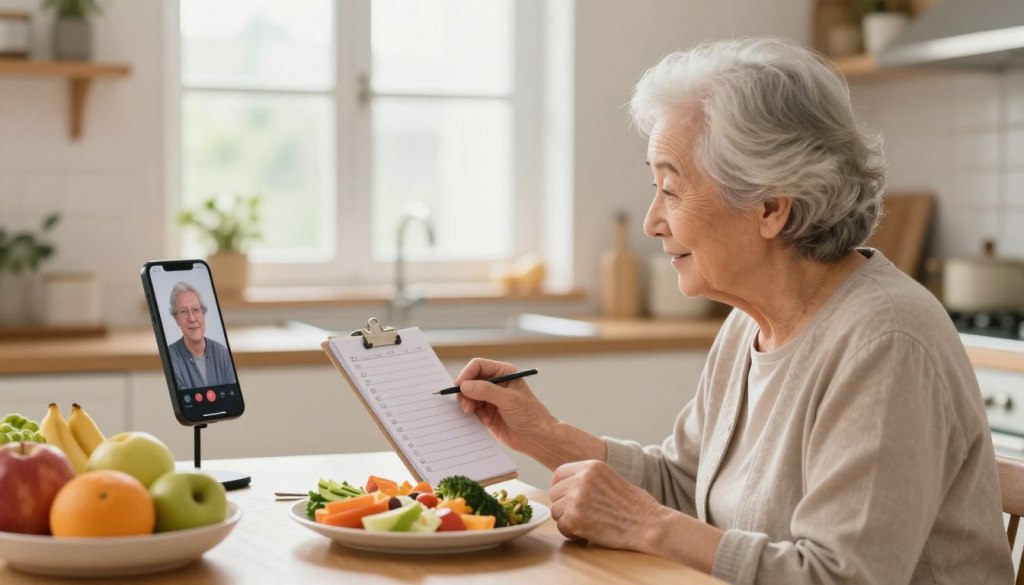 A warm, inviting scene depicting an elderly person in a cozy kitchen, sitting at a table with fresh fruits and a nutritious meal in front of them. In the foreground, focus on the elderly individual, wearing modest casual clothing, thoughtfully checking a simple checklist or journal with meal notes. The middle background features a bright window letting in soft, natural light, enhancing the cheerful atmosphere. On a nearby shelf, a smartphone or tablet displays a video call setup, indicating a family member remotely checking in. The overall mood is friendly and caring, emphasizing support in elderly nutrition monitoring. The photograph-like quality captures a moment of connection despite distance, with a shallow depth of field to highlight the subject.