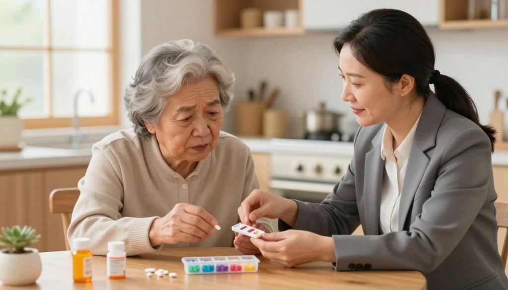 A warm, inviting scene depicting an older adult seated at a dining table, looking slightly overwhelmed while attempting to organize their medication. The foreground features a caring middle-aged caregiver, dressed in professional business attire, gently offering assistance, with a reassuring expression. In the middle, a few scattered pill bottles and a colorful medication organizer are visible, adding context to the struggle. The background softly fades into a cozy, well-lit kitchen, with warm tones and natural light filtering through a window, creating a sense of comfort and support. The atmosphere is calm and encouraging, highlighting the importance of gentle assistance during challenging moments without being intrusive. The overall mood is uplifting and empathetic, focusing on helping rather than judging. A warm, inviting scene depicting an older adult seated at a dining table, looking slightly overwhelmed while attempting to organize their medication. The foreground features a caring middle-aged caregiver, dressed in professional business attire, gently offering assistance, with a reassuring expression. In the middle, a few scattered pill bottles and a colorful medication organizer are visible, adding context to the struggle. The background softly fades into a cozy, well-lit kitchen, with warm tones and natural light filtering through a window, creating a sense of comfort and support. The atmosphere is calm and encouraging, highlighting the importance of gentle assistance during challenging moments without being intrusive. The overall mood is uplifting and empathetic, focusing on helping rather than judging.