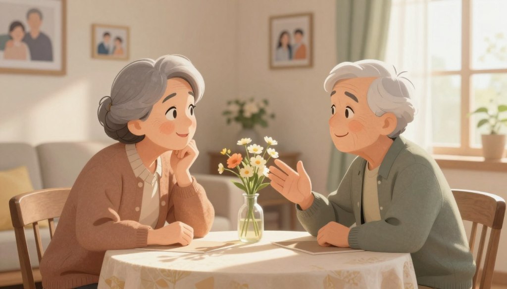 A warm, inviting scene depicting two elderly individuals sitting together at a cozy, sunlit table in a softly decorated living room. The foreground features the pair engaged in heartfelt conversation, with gentle smiles and attentive expressions, showcasing a strong emotional connection. One person gestures thoughtfully, while the other listens intently, both dressed in comfortable, modest clothing. In the middle ground, a small vase of fresh flowers adds a touch of warmth, and a few family photos are visible on the walls, reflecting shared memories. The background reveals soft textures and calming colors, enhanced by natural light filtering through sheer curtains. The atmosphere is peaceful and supportive, conveying the essence of maintaining strong connections through the challenges of changing communication in relationships.