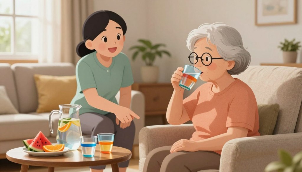 A warm, inviting scene in a cozy living room, showcasing a senior woman with dementia sitting comfortably in a soft armchair, sipping from a colorful, easy-to-hold cup of water. In the foreground, a small table holds various hydration items: a pitcher with infused water, several small cups, and a plate of fresh fruits like watermelon and orange slices, emphasizing healthy hydration options. The background reveals a cheerful caregiver, a middle-aged woman in modest casual clothing, gently interacting with the senior, pointing to the hydration items while smiling, creating a nurturing atmosphere. Soft, natural lighting filters through a nearby window, casting a warm glow over the scene, evoking a sense of care and support in a safe, friendly environment. A warm, inviting scene in a cozy living room, showcasing a senior woman with dementia sitting comfortably in a soft armchair, sipping from a colorful, easy-to-hold cup of water. In the foreground, a small table holds various hydration items: a pitcher with infused water, several small cups, and a plate of fresh fruits like watermelon and orange slices, emphasizing healthy hydration options. The background reveals a cheerful caregiver, a middle-aged woman in modest casual clothing, gently interacting with the senior, pointing to the hydration items while smiling, creating a nurturing atmosphere. Soft, natural lighting filters through a nearby window, casting a warm glow over the scene, evoking a sense of care and support in a safe, friendly environment.