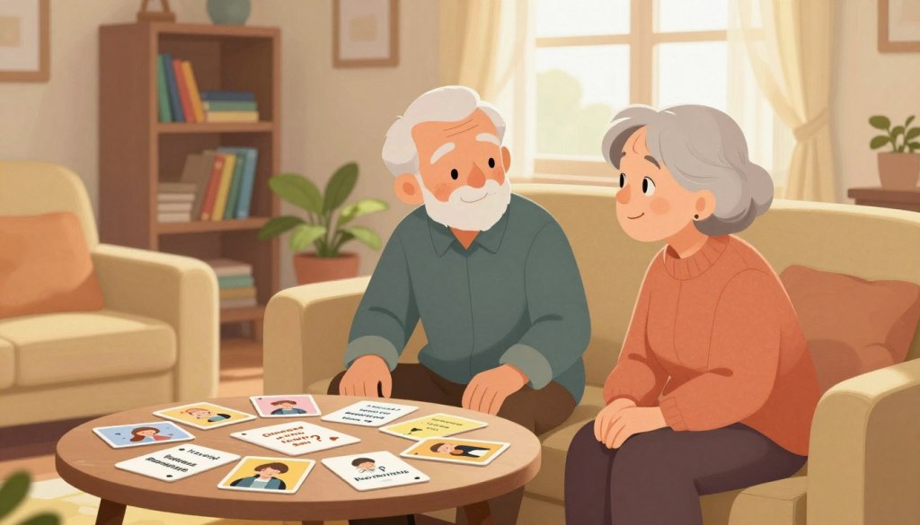A warm, inviting scene in a cozy living room with soft, natural lighting creating a peaceful atmosphere. In the foreground, a small round table with various conversation starter cards laid out, featuring images of supportive questions and themes such as family, hobbies, and memories. To the side, two elderly individuals, a man and a woman, are seated comfortably in modest, casual clothing, leaning in towards each other with friendly expressions, conveying interest and connection. The background includes a bookshelf filled with colorful books, a window with sheer curtains allowing soft sunlight to filter in, and a few indoor plants adding a touch of nature. The overall mood is encouraging and friendly, designed to foster open dialogue and companionship among seniors.