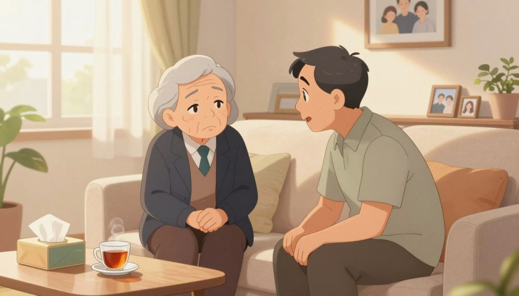 A warm, inviting scene of two elderly individuals seated in a cozy, softly lit living room, showcasing a comforting atmosphere. In the foreground, an empathetic middle-aged person, dressed in modest casual clothing, leans slightly forward, actively listening to the grieving senior. The senior, wearing professional attire, has a thoughtful expression, reflecting a moment of vulnerability. Surrounding them are gentle touches, like a small side table with a cup of tea and a tissue box, enhancing the scene's warmth. Sunlight filters through sheer curtains, creating a soft, diffused glow. In the background, family photos and comforting decor add depth, reinforcing the theme of connection through conversation. The overall mood is serene and supportive, capturing the essence of empathy and understanding in communication.