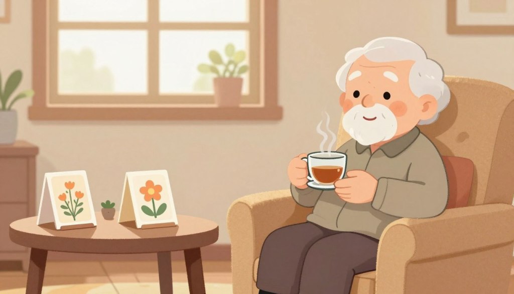 A warm, inviting scene set in a cozy living room, featuring a soft armchair in the foreground where an elderly person sits comfortably, wearing modest casual clothing. The person holds a steaming cup of tea, with a gentle smile on their face, conveying a sense of calm and openness. In the middle ground, a small table is adorned with a few conversation starter cards, beautifully illustrated with calming floral designs. In the background, a bright window lets in soft, natural light, creating a serene atmosphere. The color palette should include warm earth tones, emphasizing a peaceful and comforting vibe. The overall mood is friendly and reassuring, suggesting a safe space for open dialogue among seniors.
