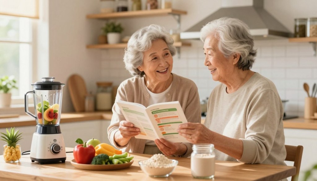 A warm, inviting scene showcasing a senior couple in a cozy kitchen setting, engaging in a discussion about protein shakes. The foreground features a table with a blender and various ingredients like fruits, vegetables, and protein powder; bright sunlight streams through a nearby window, creating a welcoming atmosphere. In the middle ground, the couple, dressed in modest casual clothing, are smiling and examining a nutrition guide together, emphasizing a collaborative approach to health. The background reveals well-organized kitchen shelves and a bright, cheerful color palette, enhancing the mood of vitality and wellness. A soft focus on the couple adds to the warmth of the image, while the overall composition conveys a sense of safety and care in health choices for seniors.