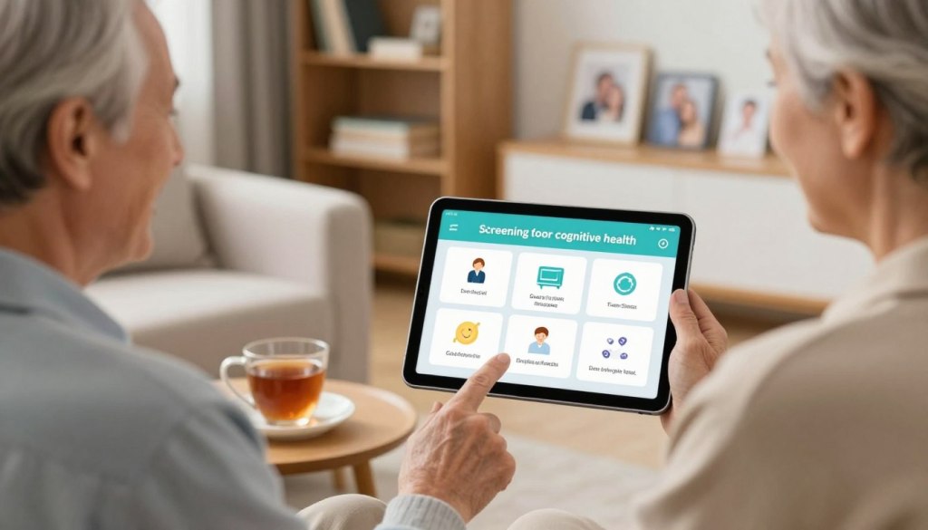 A well-designed at-home screening tool for cognitive health, showcasing a sleek, modern tablet displaying a user-friendly interface with clear icons and instructions. In the foreground, an elderly person in smart casual attire interacts with the tablet, appearing focused and engaged. In the middle ground, a comfortable living room setting with soft lighting creates a warm, inviting atmosphere, highlighting a cozy armchair and a side table with a cup of tea. The background features a softly blurred bookshelf and a few family photographs, enhancing the sense of personal space. The mood is friendly and supportive, emphasizing the importance of cognitive health in seniors. The image should be bright and optimistic, with natural lighting to convey a sense of hope and accessibility.