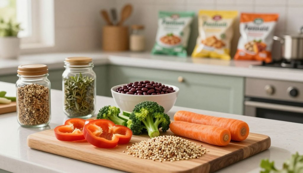 A well-organized kitchen countertop displaying a variety of nutritious ingredients for healthy microwave meals aimed at seniors. In the foreground, a wooden cutting board showcases chopped vegetables like bell peppers, broccoli, and carrots, alongside whole grains like quinoa and brown rice. In the middle, there's a bowl filled with legumes, such as lentils and kidney beans, and a jar of herbs for seasoning. The background features a softly lit shelf with packaged microwave meals, highlighting their nutritional labels. Use natural light to create a warm and inviting atmosphere, focusing on the textures and colors of the food. The composition should convey a sense of health, vitality, and easy meal preparation, without any clutter or distractions. A well-organized kitchen countertop displaying a variety of nutritious ingredients for healthy microwave meals aimed at seniors. In the foreground, a wooden cutting board showcases chopped vegetables like bell peppers, broccoli, and carrots, alongside whole grains like quinoa and brown rice. In the middle, there's a bowl filled with legumes, such as lentils and kidney beans, and a jar of herbs for seasoning. The background features a softly lit shelf with packaged microwave meals, highlighting their nutritional labels. Use natural light to create a warm and inviting atmosphere, focusing on the textures and colors of the food. The composition should convey a sense of health, vitality, and easy meal preparation, without any clutter or distractions.