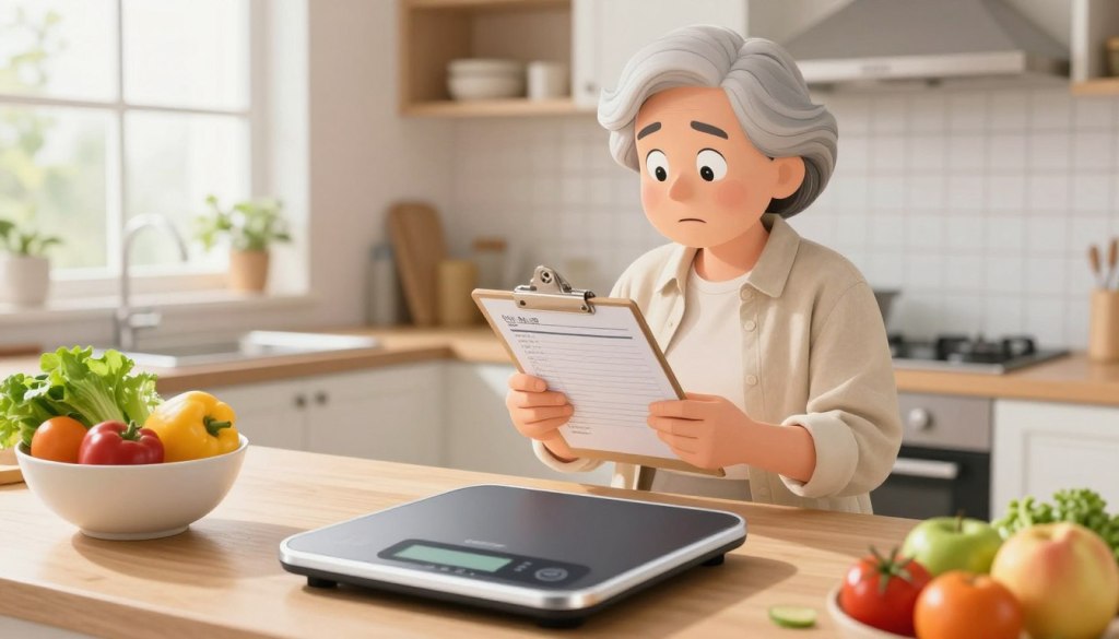 A well-organized kitchen environment featuring a digital kitchen scale prominently in the foreground, with a bowl of fresh fruits and vegetables beside it, symbolizing health and balance. In the middle ground, an older adult (age 65+) wearing comfortable, modest casual clothing studies a clipboard with meal tracking notes, displaying a focused and determined expression. The background shows a sunny kitchen window with soft natural light streaming in, enhancing a warm and welcoming atmosphere. The scene is shot from a slightly elevated angle, emphasizing the scale and meal prep area, creating a friendly and motivational mood that embodies progress in nutrition and wellness. A well-organized kitchen environment featuring a digital kitchen scale prominently in the foreground, with a bowl of fresh fruits and vegetables beside it, symbolizing health and balance. In the middle ground, an older adult (age 65+) wearing comfortable, modest casual clothing studies a clipboard with meal tracking notes, displaying a focused and determined expression. The background shows a sunny kitchen window with soft natural light streaming in, enhancing a warm and welcoming atmosphere. The scene is shot from a slightly elevated angle, emphasizing the scale and meal prep area, creating a friendly and motivational mood that embodies progress in nutrition and wellness.