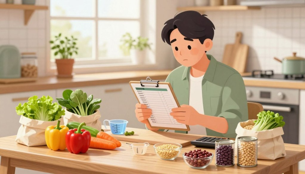 A well-organized meal planning grocery scene set in a bright, inviting kitchen. In the foreground, a wooden table displays an array of fresh, colorful vegetables like bell peppers, carrots, and leafy greens alongside whole grains and canned beans, arranged neatly in reusable eco-friendly bags. In the middle, a thoughtful individual in modest casual clothing reviews a budget-friendly meal plan on a clipboard, surrounded by measuring cups and a calculator, exuding a sense of focus and determination. The background features a sunlit window with potted herbs, creating an atmosphere of warmth and healthfulness. Soft natural lighting illuminates the scene, enhancing the vibrant colors of the ingredients while maintaining a clean and minimal aesthetic.