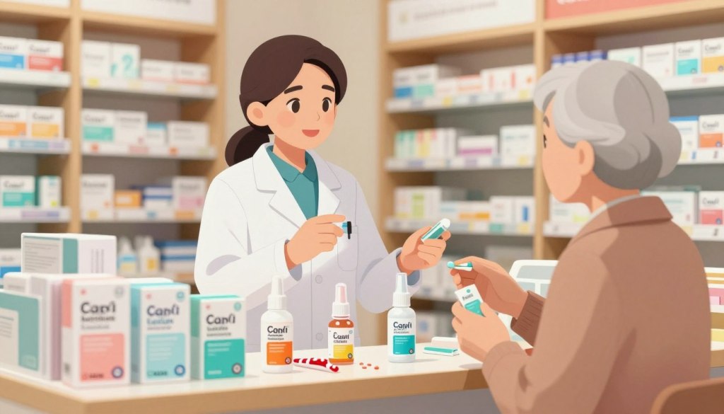A well-organized pharmacy shelf showcasing various saliva substitutes designed for dry mouth relief. In the foreground, display several saliva substitute products, such as sprays, gels, and lozenges, arranged neatly with clear, modern packaging. The middle ground features a soft-focus pharmacist in professional attire, thoughtfully explaining the products to an elderly customer, who is actively engaging with the options. The background includes a warm and inviting pharmacy environment with wooden shelves and gentle lighting to create a friendly atmosphere. The shot should be taken at eye level, emphasizing clarity and accessibility, with a slight depth of field that draws attention to the products and the interaction happening between the pharmacist and the customer. The mood is supportive and educational.