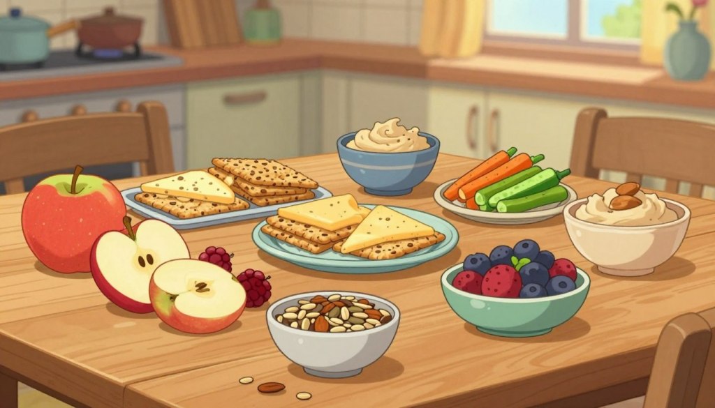 A wooden table filled with an assortment of healthy snacks designed for older adults. In the foreground, showcase colorful fresh fruits like sliced apples and berries, alongside small bowls of nuts and seeds. In the middle, include healthy mini-meal options such as whole-grain crackers with cheese, and vegetable sticks with hummus. In the background, softly blurred, place a cozy kitchen setting with warm lighting filtering through a window, casting a welcoming glow. The atmosphere should feel inviting and friendly, encouraging mindful snacking. Use a slightly overhead angle to capture the variety and layout of the snacks, ensuring all items are clearly visible and appealing. Focus on natural colors and textures to enhance the freshness of the snacks. A wooden table filled with an assortment of healthy snacks designed for older adults. In the foreground, showcase colorful fresh fruits like sliced apples and berries, alongside small bowls of nuts and seeds. In the middle, include healthy mini-meal options such as whole-grain crackers with cheese, and vegetable sticks with hummus. In the background, softly blurred, place a cozy kitchen setting with warm lighting filtering through a window, casting a welcoming glow. The atmosphere should feel inviting and friendly, encouraging mindful snacking. Use a slightly overhead angle to capture the variety and layout of the snacks, ensuring all items are clearly visible and appealing. Focus on natural colors and textures to enhance the freshness of the snacks.