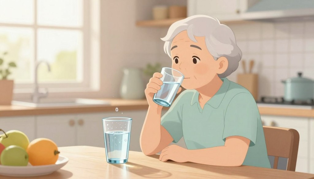 An attentive older adult sitting at a well-lit kitchen table, looking contemplative while sipping from a glass of water, surrounded by light pastel colors that evoke a sense of calm. In the foreground, gently blurred images of water droplets on the glass to symbolize hydration. In the middle, soft-focus kitchen elements like fresh fruits and a pitcher filled with water that reflects the warmth of the sunlight coming through the window, adding an inviting, serene atmosphere. The background features soft, natural lighting streaming in, creating a warm and inviting ambiance. The overall mood should be reassuring and supportive, highlighting the importance of hydration in cognitive health for seniors, while avoiding any distressing imagery. An attentive older adult sitting at a well-lit kitchen table, looking contemplative while sipping from a glass of water, surrounded by light pastel colors that evoke a sense of calm. In the foreground, gently blurred images of water droplets on the glass to symbolize hydration. In the middle, soft-focus kitchen elements like fresh fruits and a pitcher filled with water that reflects the warmth of the sunlight coming through the window, adding an inviting, serene atmosphere. The background features soft, natural lighting streaming in, creating a warm and inviting ambiance. The overall mood should be reassuring and supportive, highlighting the importance of hydration in cognitive health for seniors, while avoiding any distressing imagery.