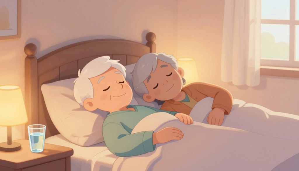 An elderly couple in a cozy bedroom, peacefully sleeping side by side in a warm, inviting atmosphere. The foreground features a bedside table with glasses of water and a soft lamp casting a gentle, golden light. In the middle, the couple, dressed in modest, comfortable nighttime attire, have serene expressions, symbolizing tranquility and restful sleep. The background includes soft, pastel-colored walls and a window with sheer curtains, allowing a faint morning light to filter in, suggesting the passage of time. The overall mood should evoke comfort, warmth, and the importance of restful sleep for memory health in seniors. The lighting is soft and warm, creating an intimate and peaceful scene. An elderly couple in a cozy bedroom, peacefully sleeping side by side in a warm, inviting atmosphere. The foreground features a bedside table with glasses of water and a soft lamp casting a gentle, golden light. In the middle, the couple, dressed in modest, comfortable nighttime attire, have serene expressions, symbolizing tranquility and restful sleep. The background includes soft, pastel-colored walls and a window with sheer curtains, allowing a faint morning light to filter in, suggesting the passage of time. The overall mood should evoke comfort, warmth, and the importance of restful sleep for memory health in seniors. The lighting is soft and warm, creating an intimate and peaceful scene.