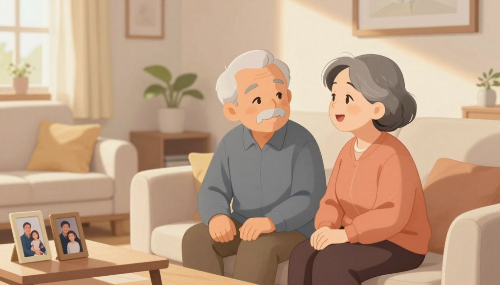 An elderly couple sitting together in a cozy living room, showcasing warmth and connection. The foreground features the couple, a kind-faced man and woman, both in modest casual clothing, reflecting gentle expressions as they share a meaningful conversation. In the middle ground, a soft, inviting couch and a coffee table with family photos create a personal atmosphere. The background reveals a softly lit room adorned with warm colors, sunlight streaming through a window, casting a gentle glow that enhances the tender mood. The scene captures the essence of communication and care, emphasizing the importance of words with aging parents, evoking a sense of love and respect. An elderly couple sitting together in a cozy living room, showcasing warmth and connection. The foreground features the couple, a kind-faced man and woman, both in modest casual clothing, reflecting gentle expressions as they share a meaningful conversation. In the middle ground, a soft, inviting couch and a coffee table with family photos create a personal atmosphere. The background reveals a softly lit room adorned with warm colors, sunlight streaming through a window, casting a gentle glow that enhances the tender mood. The scene captures the essence of communication and care, emphasizing the importance of words with aging parents, evoking a sense of love and respect.