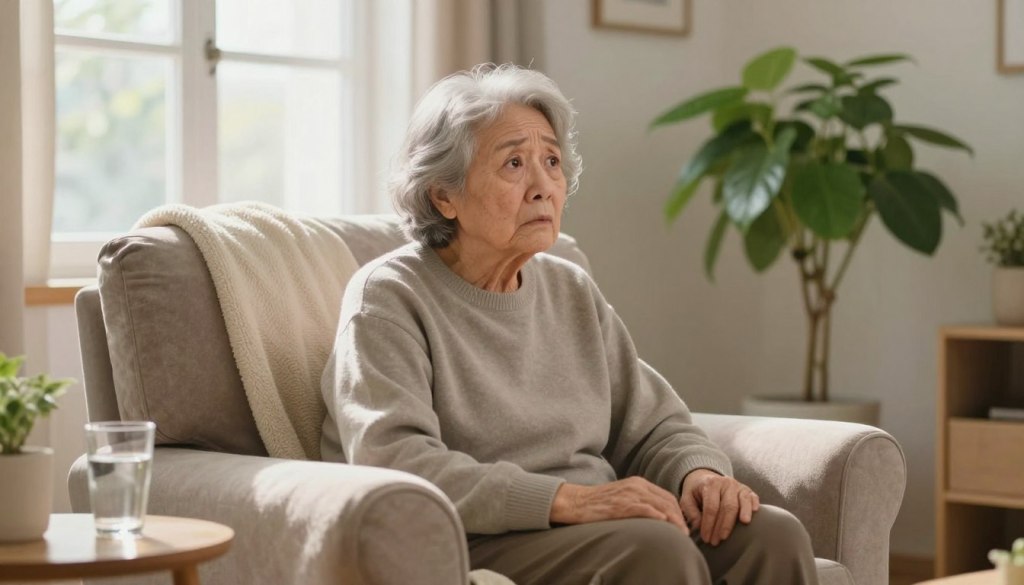 An elderly person, appearing confused and slightly disoriented, sits in a cozy living room, surrounded by warm natural light filtering through a window. The foreground features a soft armchair draped with a light blanket, while the middle ground includes a small side table with a half-empty water glass. The elderly individual has gray hair and is wearing comfortable, modest clothing. Their facial expression conveys a mix of concern and bewilderment as they gaze off into the distance. In the background, a vibrant houseplant adds a touch of life to the scene, emphasizing a homey atmosphere. The mood is gentle and contemplative, highlighting the importance of hydration for clarity of mind. An elderly person, appearing confused and slightly disoriented, sits in a cozy living room, surrounded by warm natural light filtering through a window. The foreground features a soft armchair draped with a light blanket, while the middle ground includes a small side table with a half-empty water glass. The elderly individual has gray hair and is wearing comfortable, modest clothing. Their facial expression conveys a mix of concern and bewilderment as they gaze off into the distance. In the background, a vibrant houseplant adds a touch of life to the scene, emphasizing a homey atmosphere. The mood is gentle and contemplative, highlighting the importance of hydration for clarity of mind.