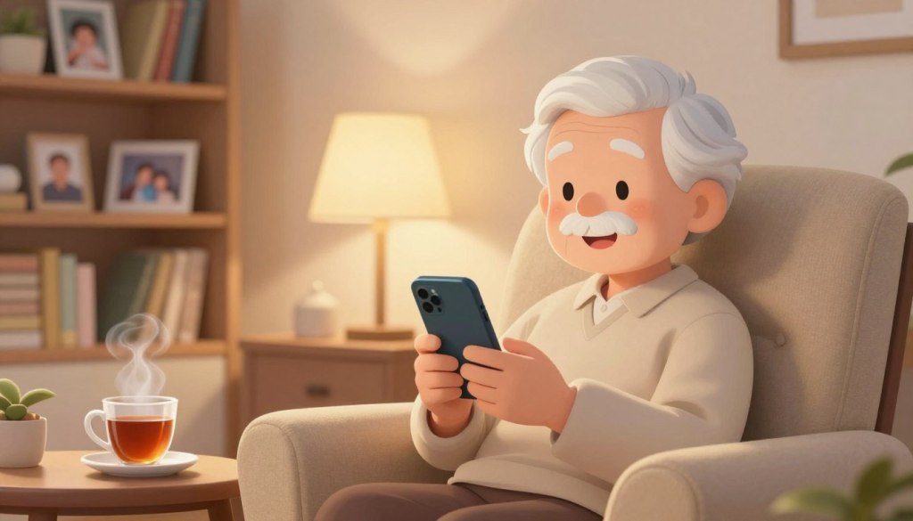An elderly person seated comfortably in a well-lit, cozy living room, holding a smartphone with a warm smile, ready to start a bedtime conversation. The foreground features a soft armchair, with a small table holding a steaming cup of tea beside them. In the middle, the character appears warmly lit by a bedside lamp, exuding a welcoming and friendly atmosphere. In the background, shelves filled with books and personal photos create an intimate setting. Gentle, warm lighting enhances the mood, inviting feelings of connection and reassurance. The camera angle is slightly elevated, focusing on the person's expression, while maintaining a sense of the peaceful environment, evoking nostalgia and comfort.