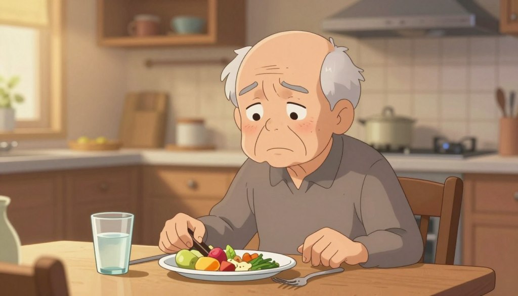 An elderly person sitting at a dining table, looking concerned and thin, with visible signs of malnutrition. Their skin appears pale and slightly sagging, and they have hollow cheeks. A small plate of uneaten food, including fruits and vegetables, rests in front of them, and a glass of water sits untouched. Surround the scene with warm, soft lighting to create a comforting atmosphere, while gently highlighting the details of the food and the person's expression. In the background, a cozy, well-lit kitchen adds to the homey feel without distraction. Focus on this interaction, aiming for an overall mood of gentle concern and awareness about nutrition. An elderly person sitting at a dining table, looking concerned and thin, with visible signs of malnutrition. Their skin appears pale and slightly sagging, and they have hollow cheeks. A small plate of uneaten food, including fruits and vegetables, rests in front of them, and a glass of water sits untouched. Surround the scene with warm, soft lighting to create a comforting atmosphere, while gently highlighting the details of the food and the person's expression. In the background, a cozy, well-lit kitchen adds to the homey feel without distraction. Focus on this interaction, aiming for an overall mood of gentle concern and awareness about nutrition.