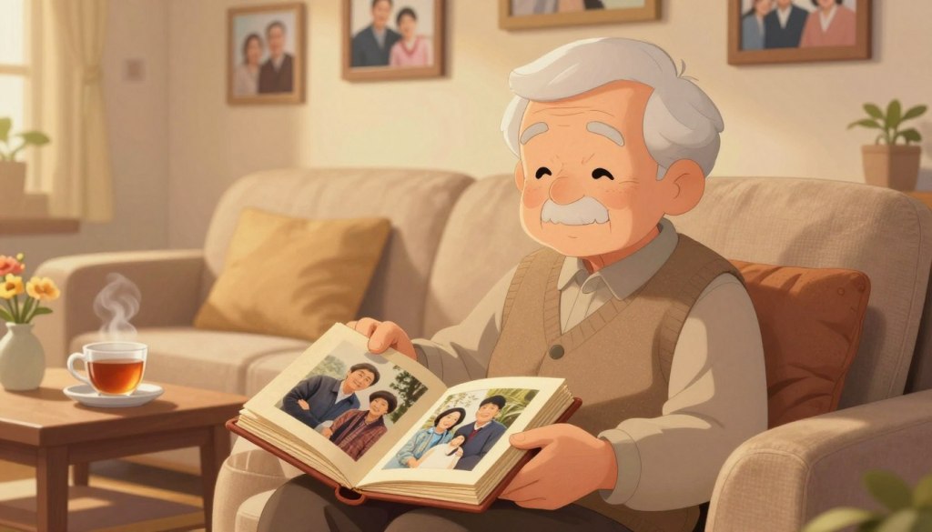 An elderly person sitting comfortably in a warmly lit living room, surrounded by soft cushions and family photographs on the walls, depicting joyful moments from the past. In the foreground, a pair of hands gently holding an old photo album, showcasing cherished memories. The lighting is soft and inviting, casting a golden glow that enhances the nostalgic atmosphere. In the background, a coffee table holds a steaming cup of tea and a small vase with fresh flowers, adding warmth to the scene. The focus is on the serene expression of the elderly individual, conveying a sense of reflection and comfort, as if reliving fond memories. Overall, the image evokes feelings of safety, warmth, and the importance of storytelling. An elderly person sitting comfortably in a warmly lit living room, surrounded by soft cushions and family photographs on the walls, depicting joyful moments from the past. In the foreground, a pair of hands gently holding an old photo album, showcasing cherished memories. The lighting is soft and inviting, casting a golden glow that enhances the nostalgic atmosphere. In the background, a coffee table holds a steaming cup of tea and a small vase with fresh flowers, adding warmth to the scene. The focus is on the serene expression of the elderly individual, conveying a sense of reflection and comfort, as if reliving fond memories. Overall, the image evokes feelings of safety, warmth, and the importance of storytelling.