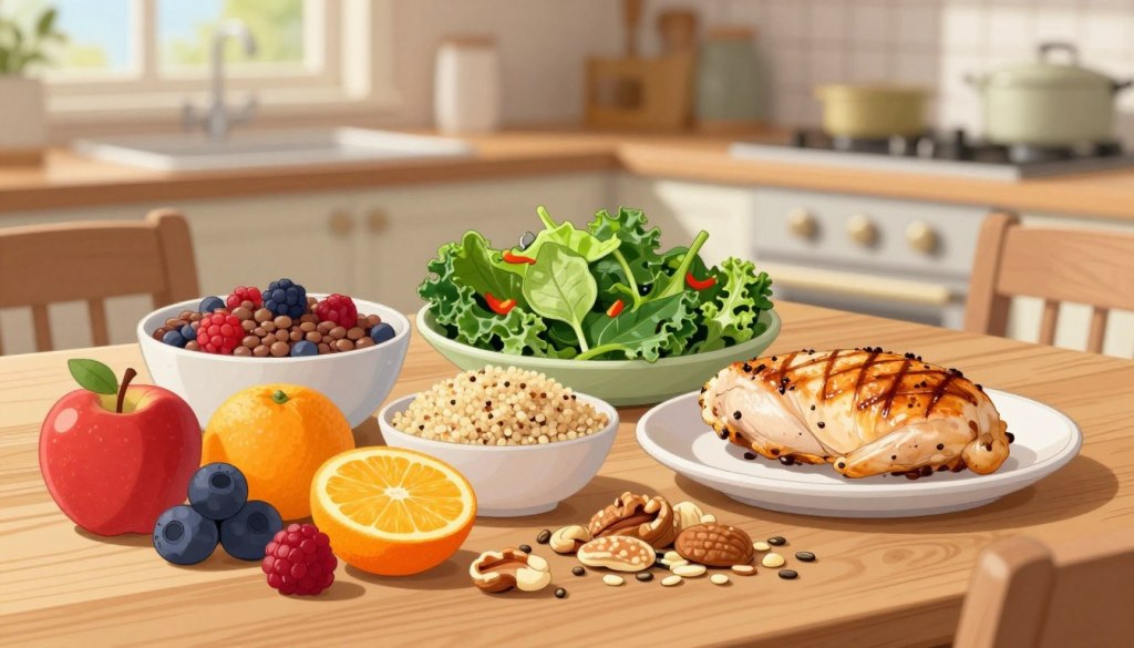 An inviting arrangement of protein and fiber-rich foods on a wooden table. In the foreground, a variety of bright, colorful fruits such as berries, apples, and oranges are mixed with a selection of nuts and seeds. In the middle, a bowl of lentils, a plate of quinoa, and a grilled chicken breast emphasize protein sources, while a leafy green salad featuring kale and spinach adds depth. In the background, softly blurred, a kitchen setting with natural lighting streaming in through a window, creating a warm, homely atmosphere. The focus is on wholesome meals suitable for seniors, portrayed in a friendly and approachable manner.