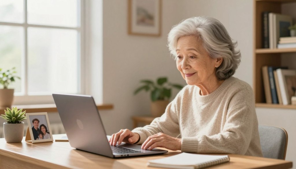 An inviting home office scene featuring an elderly woman sitting comfortably at a desk, engaging in a video call on her laptop. She is wearing a cozy sweater, exuding warmth and approachability. The foreground shows her smiling face illuminated by soft, natural light streaming in from a nearby window. In the middle ground, the desk is adorned with a few personal items like family photos and a small plant, creating a homely atmosphere. In the background, light-colored walls and a hint of a bookshelf filled with books enhance the cozy living environment. The overall mood is friendly and supportive, emphasizing connection and communication, captured from a slightly angled perspective to evoke a sense of intimacy and engagement. An inviting home office scene featuring an elderly woman sitting comfortably at a desk, engaging in a video call on her laptop. She is wearing a cozy sweater, exuding warmth and approachability. The foreground shows her smiling face illuminated by soft, natural light streaming in from a nearby window. In the middle ground, the desk is adorned with a few personal items like family photos and a small plant, creating a homely atmosphere. In the background, light-colored walls and a hint of a bookshelf filled with books enhance the cozy living environment. The overall mood is friendly and supportive, emphasizing connection and communication, captured from a slightly angled perspective to evoke a sense of intimacy and engagement.