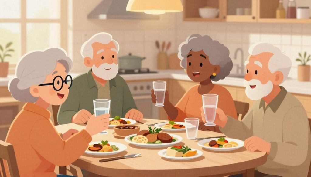 An inviting scene featuring a diverse group of older adults engaged in a light, cheerful meal together around a well-set dining table. In the foreground, an elderly woman with glasses has a warm smile as she raises a glass of water, while an older man in a collared shirt nods attentively. The middle ground includes two more seniors: a man with a slight beard and a woman with gray hair, both animatedly discussing the dishes. The background showcases a softly-lit kitchen, with light filtering through a window, enhancing the cozy atmosphere. The overall mood is warm and friendly, emphasizing the importance of shared meals and connection among older adults. The lighting is soft and natural, creating a welcoming environment.