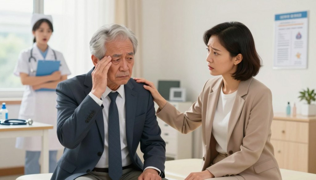 An older adult man and woman, both in professional business attire, are sitting in a well-lit, inviting medical examination room. The man, with gray hair and a look of concern, is holding his head slightly tilted, showcasing visible signs of confusion. The woman, looking worried, has a hand on his shoulder, conveying care and urgency. In the background, a nurse can be seen entering the room with a concerned expression, along with medical charts and a stethoscope on a nearby table. Soft, natural lighting comes from a window, creating a warm atmosphere. The focus is on the interaction between the individuals, emphasizing the emotional weight of confusion in a healthcare setting. An older adult man and woman, both in professional business attire, are sitting in a well-lit, inviting medical examination room. The man, with gray hair and a look of concern, is holding his head slightly tilted, showcasing visible signs of confusion. The woman, looking worried, has a hand on his shoulder, conveying care and urgency. In the background, a nurse can be seen entering the room with a concerned expression, along with medical charts and a stethoscope on a nearby table. Soft, natural lighting comes from a window, creating a warm atmosphere. The focus is on the interaction between the individuals, emphasizing the emotional weight of confusion in a healthcare setting.