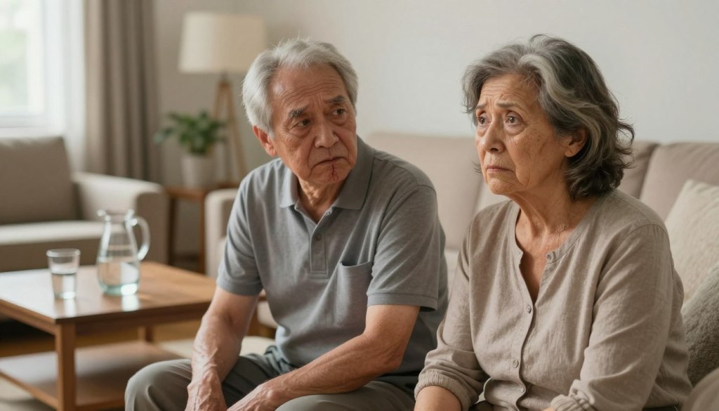 An older adult man and woman sitting together in a warmly lit living room, both appearing concerned about their health. The man has a slightly dry, cracked lip, while the woman shows signs of fatigue with visibly sunken eyes and dry skin. They are dressed in modest casual clothing, looking directly at each other, conveying a supportive atmosphere. In the background, a coffee table has an empty glass and a half-full pitcher of water, emphasizing hydration issues. Soft natural light filters through a nearby window, creating a cozy yet serious mood. The focus is sharp on their faces, while the background is slightly blurred to draw attention to their expressions and signs of dehydration.
