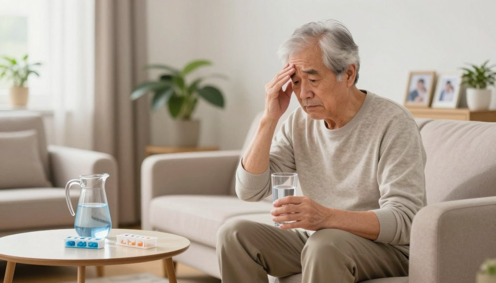 An older adult sitting in a bright, well-lit living room, looking concerned and slightly unwell. In the foreground, the individual, a senior man with gray hair, wearing modest casual clothing, is holding a glass of water with one hand and resting his other hand on their forehead, showing signs of distress. In the middle ground, a small coffee table is visible with a pill organizer and a half-filled water pitcher. The background features soft, cozy lighting with house plants and family photos, creating a warm yet urgent atmosphere. The overall mood conveys the importance of hydration and the need for immediate attention, prompting viewers to recognize the signs of dehydration in seniors.