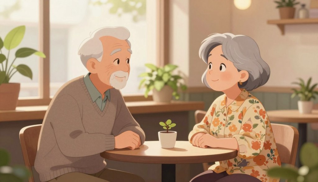 In a warmly lit café setting, an elderly man and woman sit across from each other at a small round table, engaged in a deep and meaningful conversation. The man, dressed in a cozy sweater, leans slightly forward with an encouraging smile, while the woman, in a floral blouse, listens intently, her eyes full of warmth and understanding. In the background, soft light filters through a large window, illuminating her gray hair, adding a tranquil feel to the scene. Surrounding them are lush green plants and subtle decorations that create a cozy ambiance. The angle captures both their facial expressions and the inviting atmosphere, emphasizing connection and the importance of conversation. The mood is friendly, reflective, and warm, encapsulating the essence of meaningful dialogue among seniors.