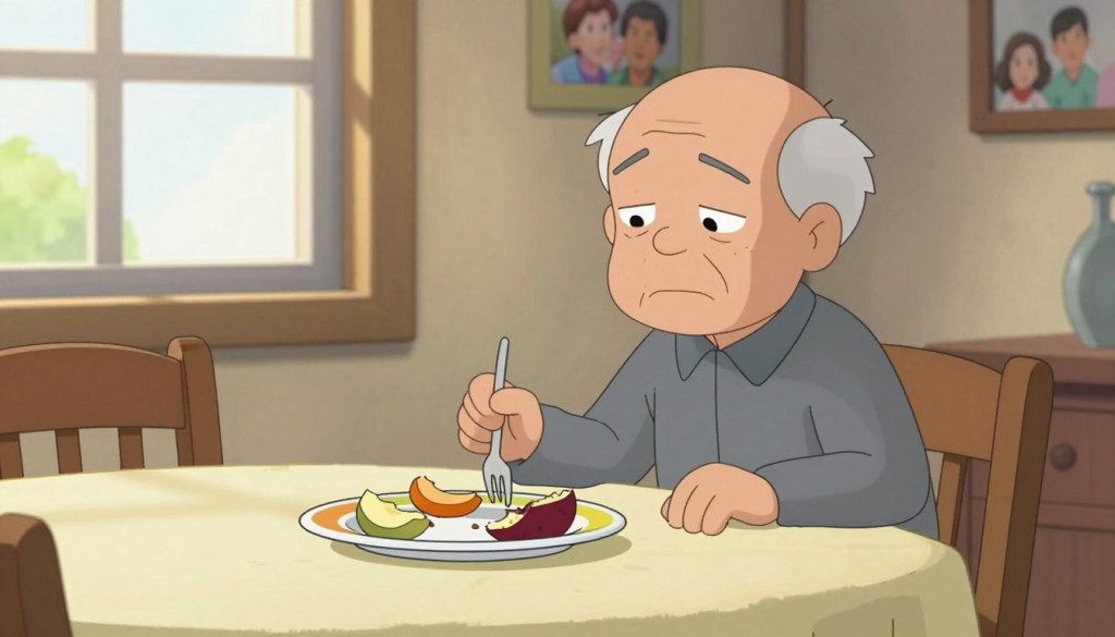 a cozy dining room setting with a small, elegantly set table featuring a colorful plate of uneaten food, showcasing a half-eaten fruit or a neglected meal. In the foreground, a thoughtful elderly person, dressed in modest casual clothing, looks pensive and slightly detached, their gaze distant as they sit alone with a fork in hand, contemplating the meal. Soft natural light filters through a nearby window, casting a warm glow and creating gentle shadows, enhancing the mood of quiet reflection. In the background, subtle hints of family photos adorn the walls, illustrating the concept of connection to loved ones, further emphasizing the sense of loneliness associated with appetite loss. The atmosphere conveys a sense of concern and empathy without being overwhelming, inviting the viewer to reflect on the importance of nourishment and connection in the lives of seniors.