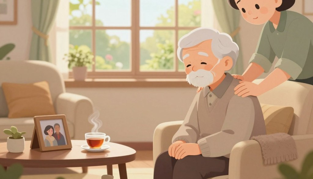 a serene indoor scene showcasing an elderly person sitting in a comfortable, well-lit room. The foreground features a compassionate support figure, dressed in modest casual clothing, gently placing a hand on the shoulder of the elderly individual, who appears reflective and serene. In the middle background, soft, warm lighting creates an inviting atmosphere, with a cozy armchair, a small coffee table adorned with a steaming cup of tea, and comforting items like a blanket and a framed photograph of loved ones. The background windows reveal a peaceful garden bathed in soft sunlight, symbolizing hope and connection. The overall mood is calm, nurturing, and supportive, highlighting the importance of compassion in moments of loneliness. Emphasize emotional warmth and connection through subtle expressions and gentle gestures, capturing the essence of shared understanding.